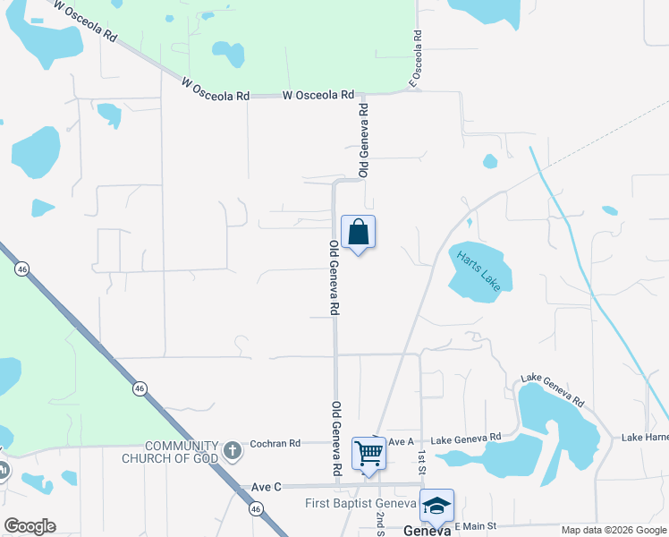map of restaurants, bars, coffee shops, grocery stores, and more near 581 Old Geneva Road in Geneva