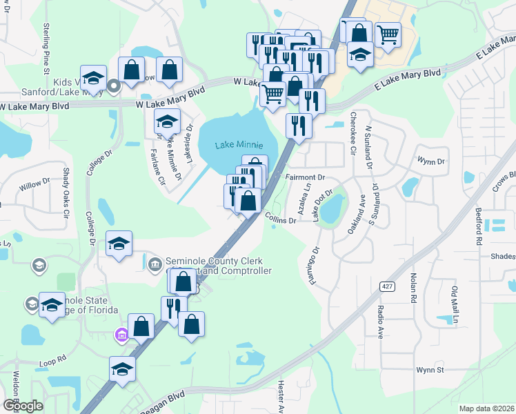 map of restaurants, bars, coffee shops, grocery stores, and more near 105 Lake Minnie Drive in Sanford