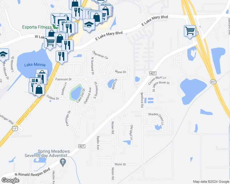 map of restaurants, bars, coffee shops, grocery stores, and more near 303 Tucker Drive in Sanford
