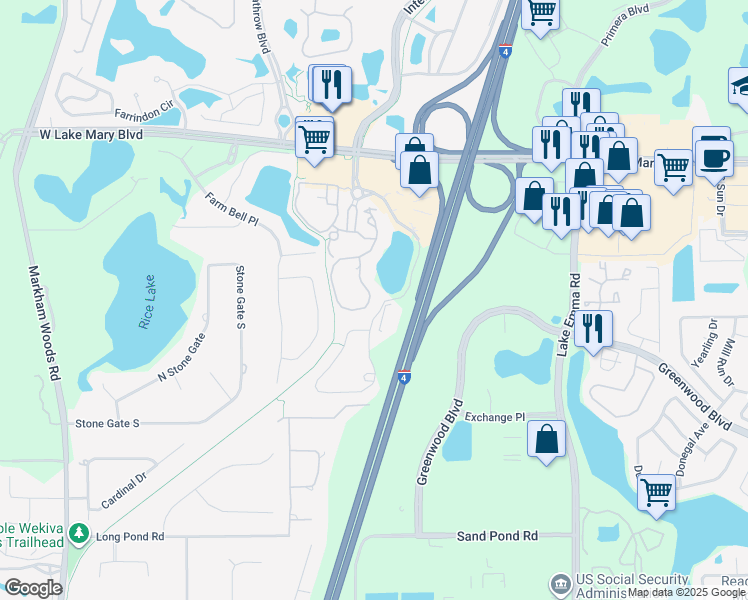map of restaurants, bars, coffee shops, grocery stores, and more near 203 Villa Di Este Terrace in Lake Mary