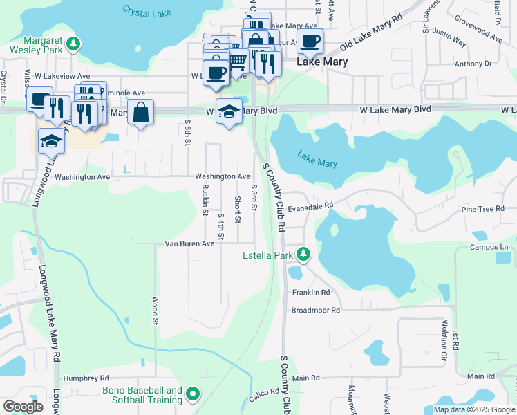 map of restaurants, bars, coffee shops, grocery stores, and more near 265 South 3rd Street in Lake Mary