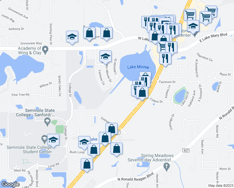 map of restaurants, bars, coffee shops, grocery stores, and more near 1904 Northlake Drive in Sanford