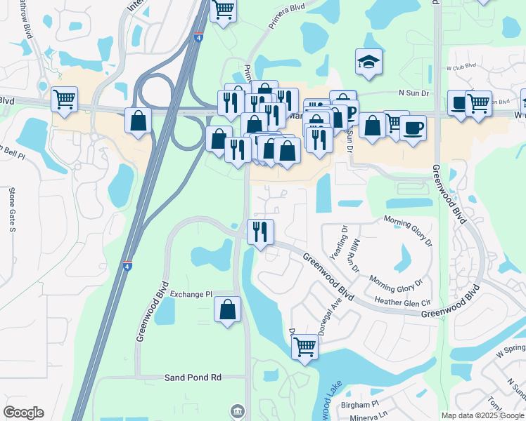 map of restaurants, bars, coffee shops, grocery stores, and more near 3587 Lake Emma Road in Lake Mary