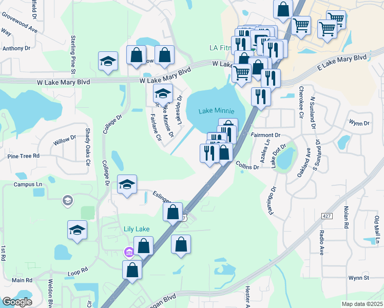 map of restaurants, bars, coffee shops, grocery stores, and more near 18 Northlake Drive in Sanford