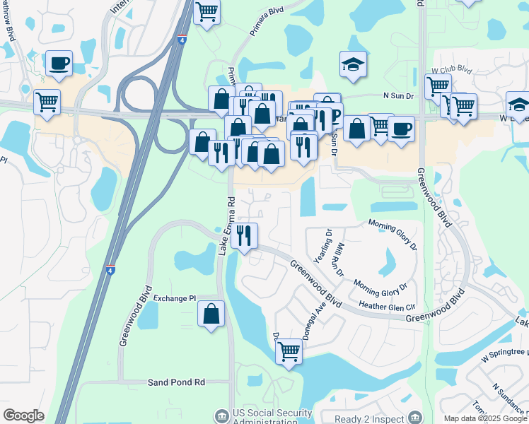 map of restaurants, bars, coffee shops, grocery stores, and more near 949 Bird Bay Court in Lake Mary