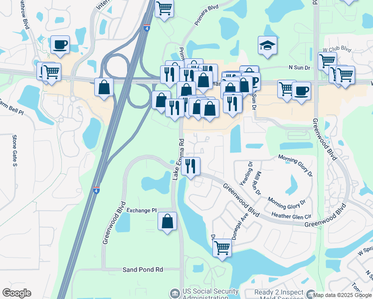 map of restaurants, bars, coffee shops, grocery stores, and more near 3587 Lake Emma Road in Lake Mary