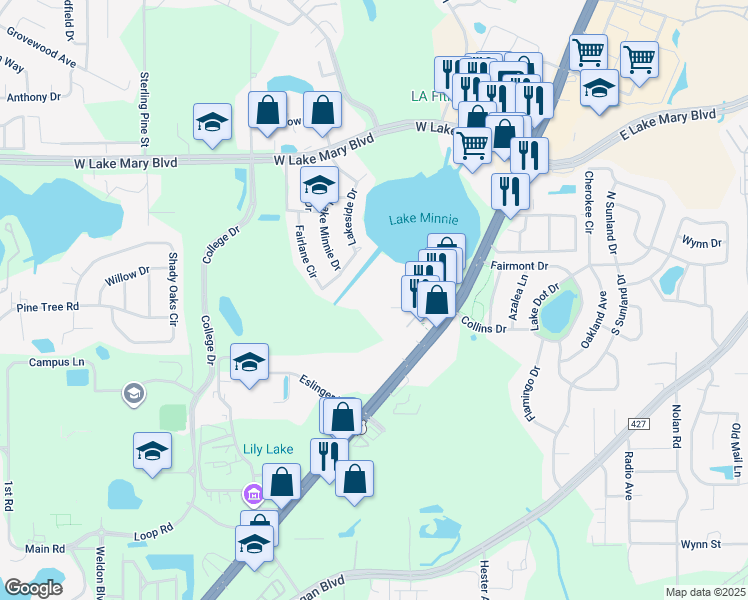 map of restaurants, bars, coffee shops, grocery stores, and more near 1804 Northlake Drive in Sanford