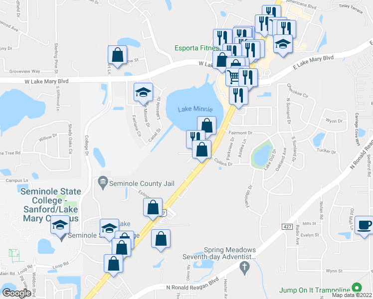 map of restaurants, bars, coffee shops, grocery stores, and more near 106 Northlake Drive in Sanford