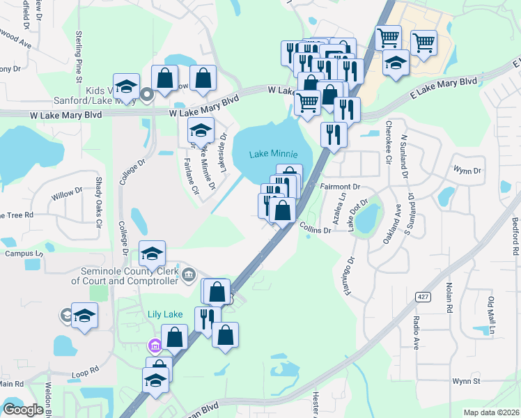 map of restaurants, bars, coffee shops, grocery stores, and more near 591 Lake Minnie Drive in Sanford