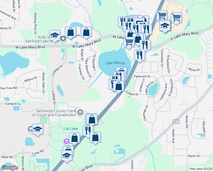 map of restaurants, bars, coffee shops, grocery stores, and more near 591 Lake Minnie Drive in Sanford