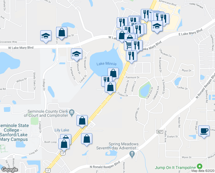 map of restaurants, bars, coffee shops, grocery stores, and more near 1104 Northlake Drive in Sanford