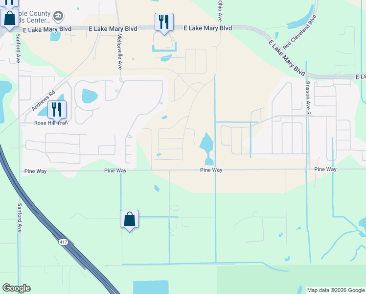 map of restaurants, bars, coffee shops, grocery stores, and more near 345 Park National Drive in Sanford