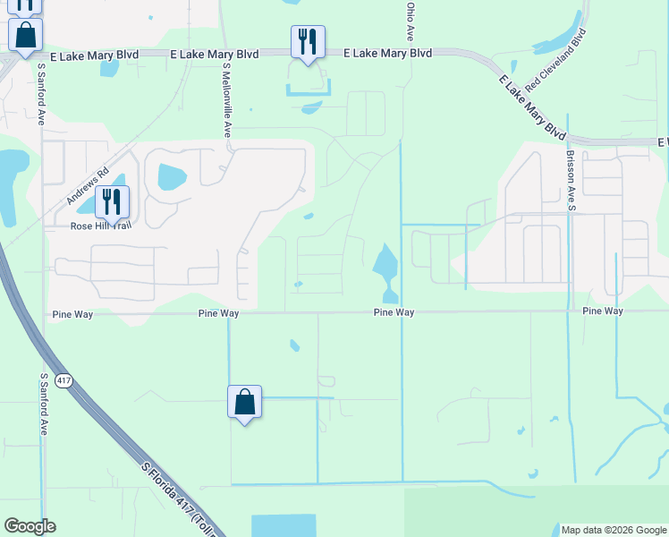 map of restaurants, bars, coffee shops, grocery stores, and more near 345 Park National Drive in Sanford