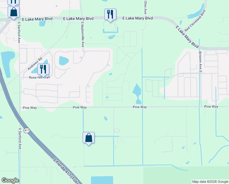 map of restaurants, bars, coffee shops, grocery stores, and more near 345 Park National Drive in Sanford