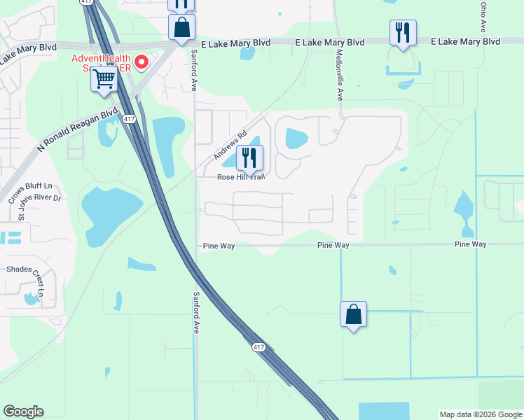 map of restaurants, bars, coffee shops, grocery stores, and more near 291 Clydesdale Circle in Sanford