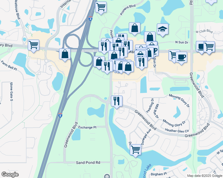 map of restaurants, bars, coffee shops, grocery stores, and more near 3587 Lake Emma Road in Lake Mary