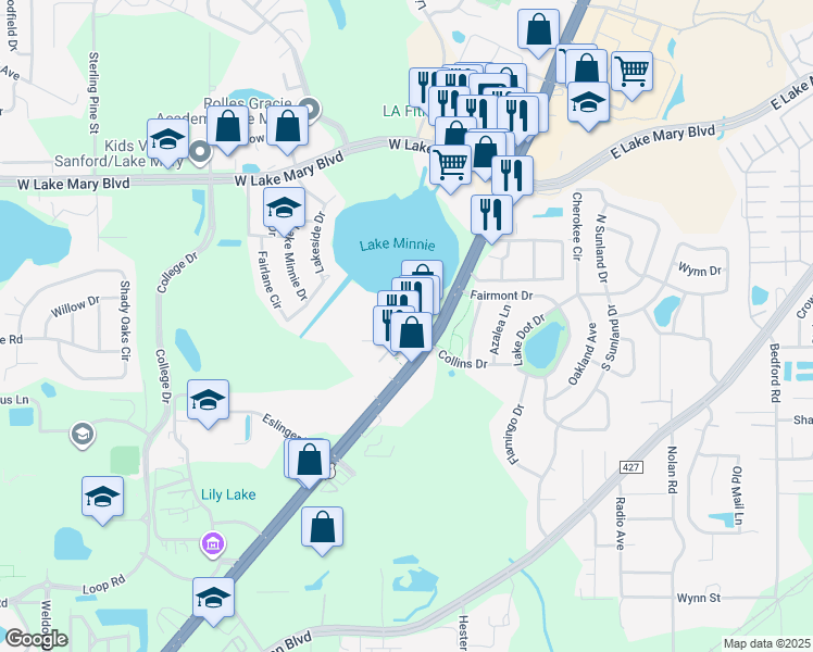 map of restaurants, bars, coffee shops, grocery stores, and more near 650 Lake Minnie Drive in Sanford