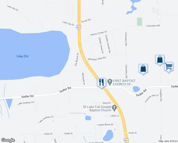 map of restaurants, bars, coffee shops, grocery stores, and more near 4642 North Orange Blossom Trail in Mount Dora