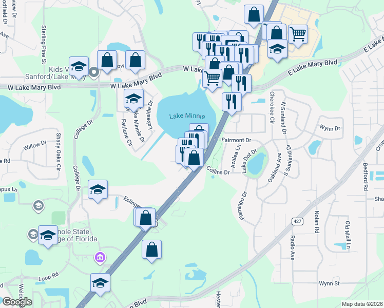 map of restaurants, bars, coffee shops, grocery stores, and more near 650 Lake Minnie Drive in Sanford