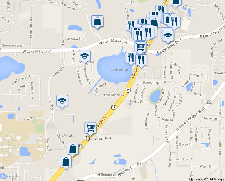 map of restaurants, bars, coffee shops, grocery stores, and more near 1302 Northlake Drive in Sanford