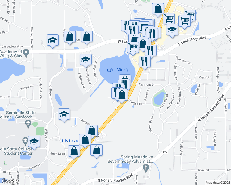 map of restaurants, bars, coffee shops, grocery stores, and more near 1208 Northlake Drive in Sanford