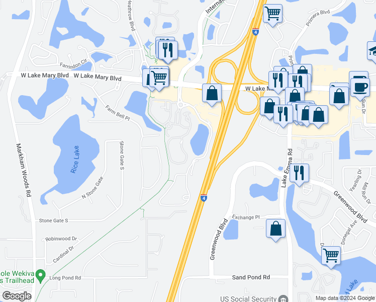 map of restaurants, bars, coffee shops, grocery stores, and more near 185 Villa Di Este Terrace in Lake Mary