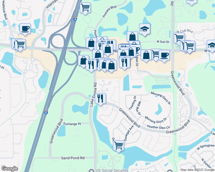 map of restaurants, bars, coffee shops, grocery stores, and more near 939 Framlingham Court in Lake Mary