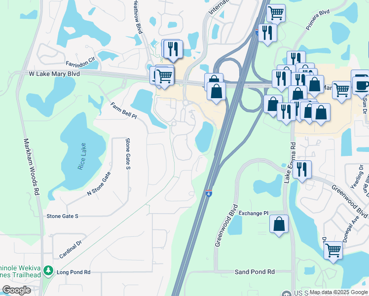 map of restaurants, bars, coffee shops, grocery stores, and more near 173 Villa Di Este Terrace in Lake Mary