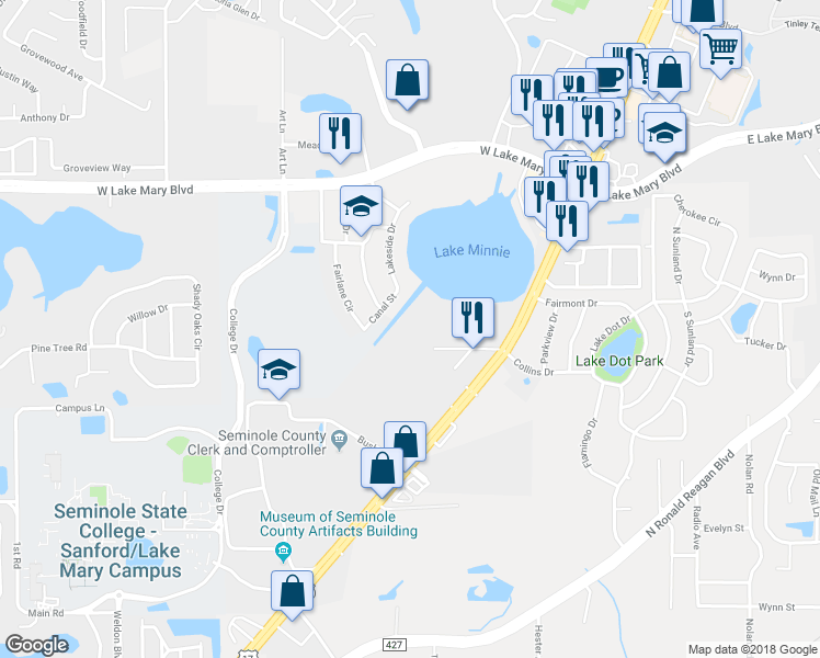 map of restaurants, bars, coffee shops, grocery stores, and more near 1704 Northlake Drive in Sanford