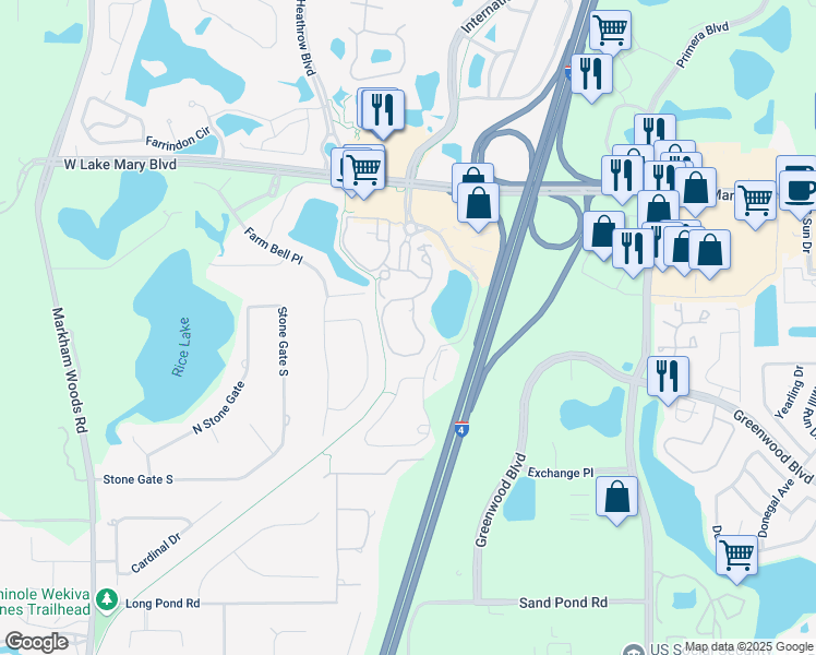 map of restaurants, bars, coffee shops, grocery stores, and more near 184 Villa Di Este Terrace in Lake Mary