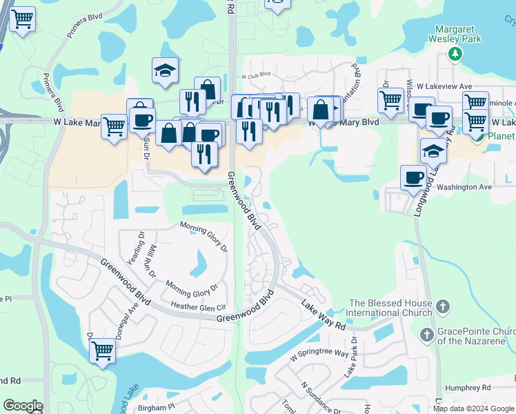map of restaurants, bars, coffee shops, grocery stores, and more near 773 Creekwater Terrace in Lake Mary