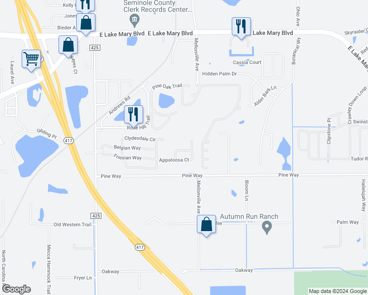 map of restaurants, bars, coffee shops, grocery stores, and more near 336 Lusitano Way in Sanford