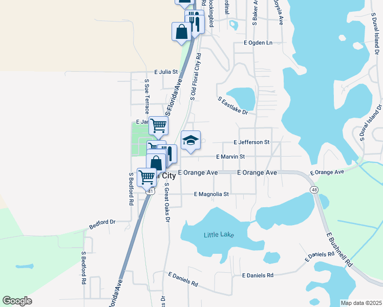 map of restaurants, bars, coffee shops, grocery stores, and more near 8457 East Marvin Street in Floral City