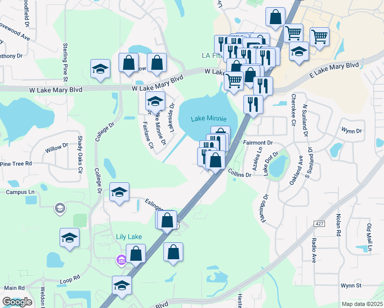 map of restaurants, bars, coffee shops, grocery stores, and more near 1302 Northlake Drive in Sanford