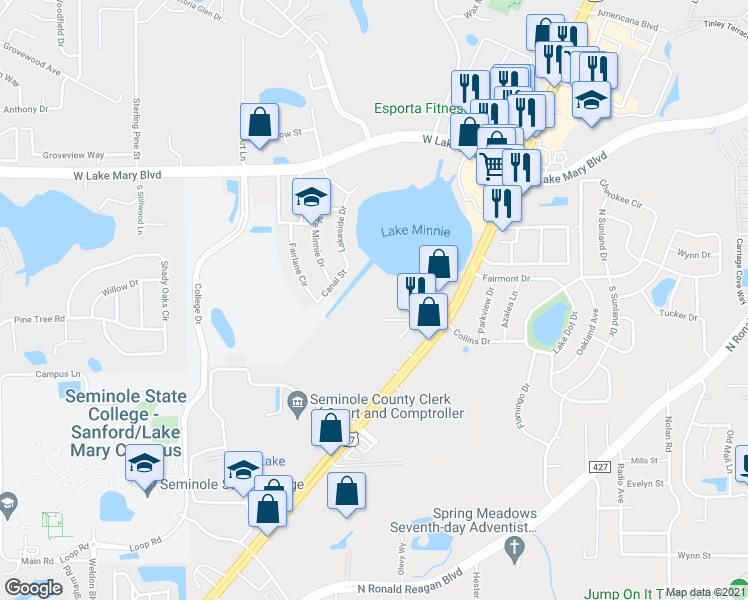 map of restaurants, bars, coffee shops, grocery stores, and more near 2405 Northlake Drive in Sanford