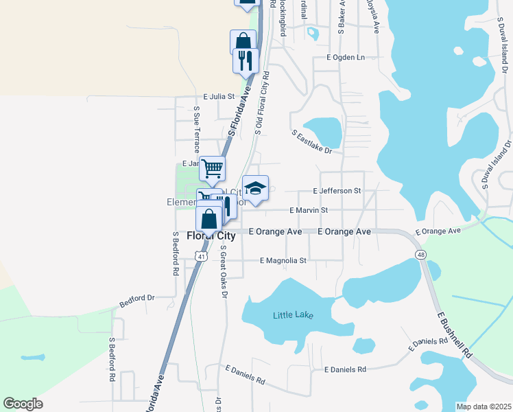 map of restaurants, bars, coffee shops, grocery stores, and more near 8457 East Marvin Street in Floral City