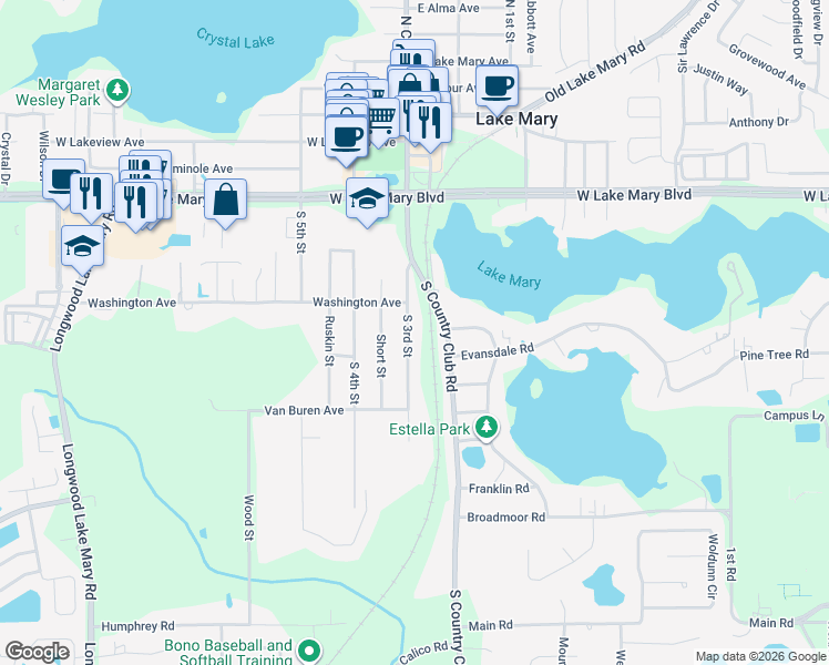 map of restaurants, bars, coffee shops, grocery stores, and more near 247 South 3rd Street in Lake Mary