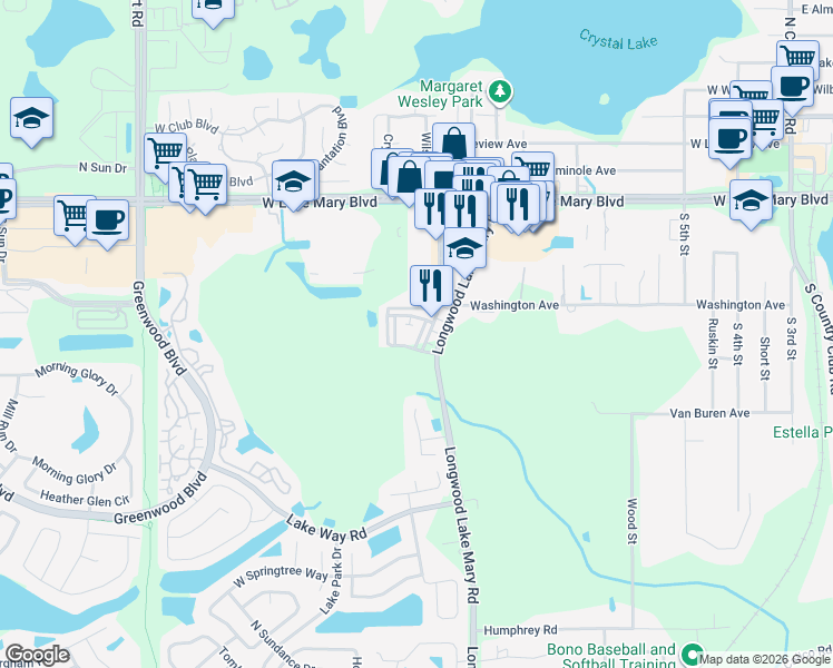 map of restaurants, bars, coffee shops, grocery stores, and more near 332 Wheelhouse Lane in Lake Mary