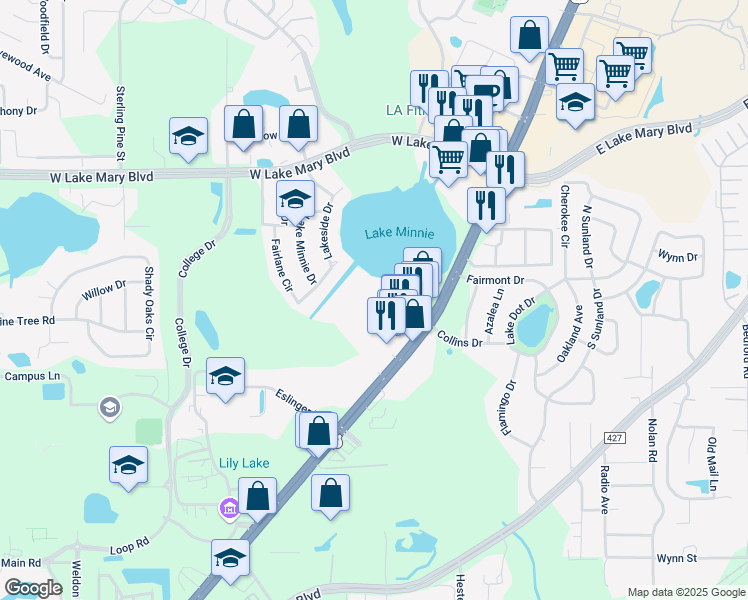 map of restaurants, bars, coffee shops, grocery stores, and more near 505 Northlake Drive in Sanford