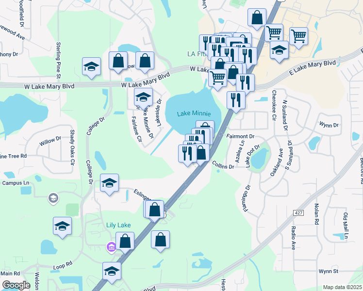 map of restaurants, bars, coffee shops, grocery stores, and more near 1302 Northlake Drive in Sanford