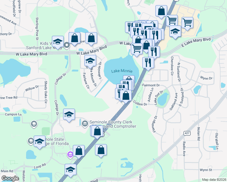 map of restaurants, bars, coffee shops, grocery stores, and more near 1302 Northlake Drive in Sanford