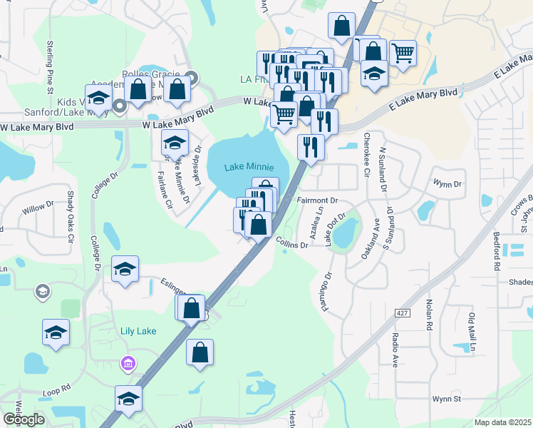 map of restaurants, bars, coffee shops, grocery stores, and more near 650 Lake Minnie Drive in Sanford