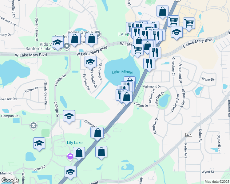 map of restaurants, bars, coffee shops, grocery stores, and more near 507 Northlake Drive in Sanford