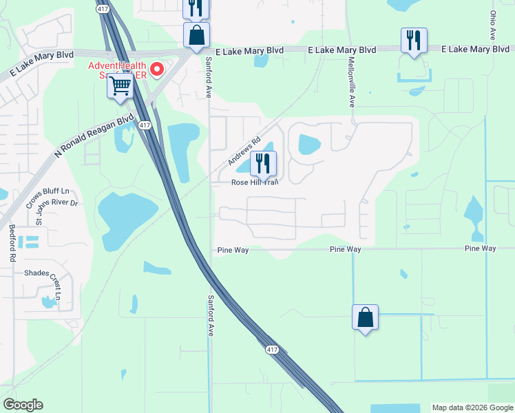 map of restaurants, bars, coffee shops, grocery stores, and more near 291 Clydesdale Circle in Sanford