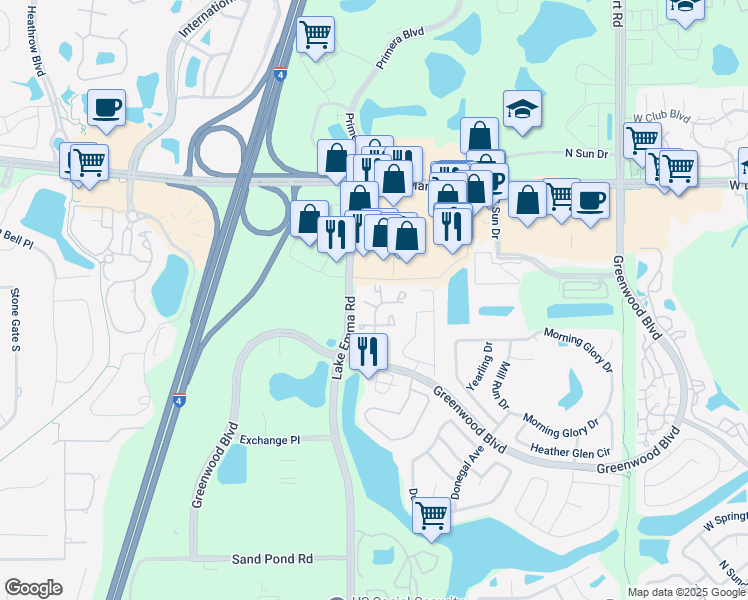 map of restaurants, bars, coffee shops, grocery stores, and more near 938 Framlingham Court in Lake Mary