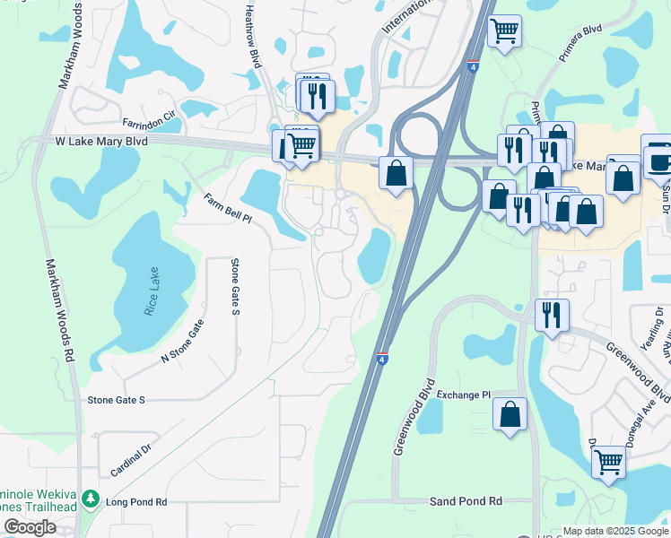 map of restaurants, bars, coffee shops, grocery stores, and more near 240 Villa Di Este Terrace in Lake Mary