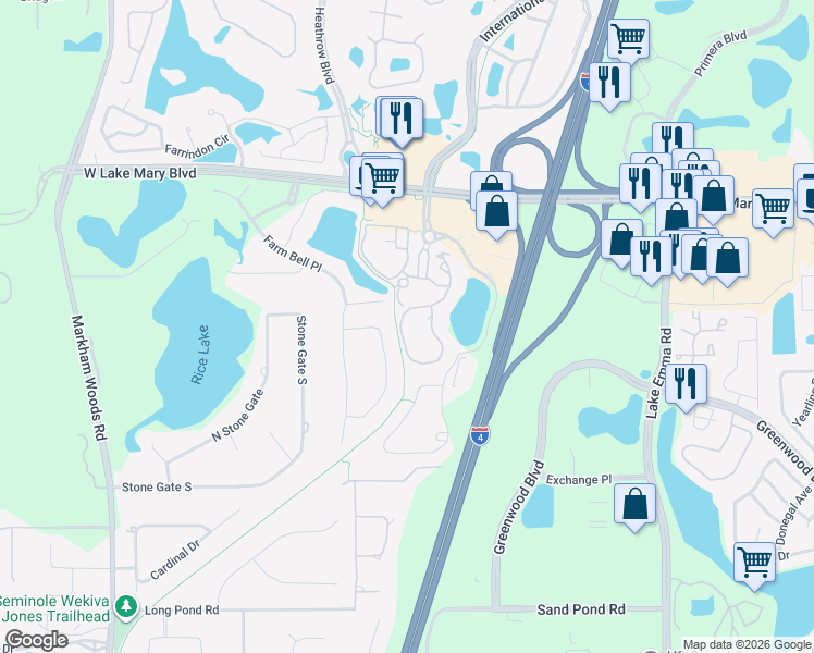 map of restaurants, bars, coffee shops, grocery stores, and more near 240 Villa Di Este Terrace in Lake Mary