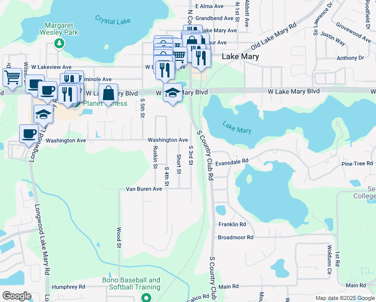 map of restaurants, bars, coffee shops, grocery stores, and more near 238 South 3rd Street in Lake Mary
