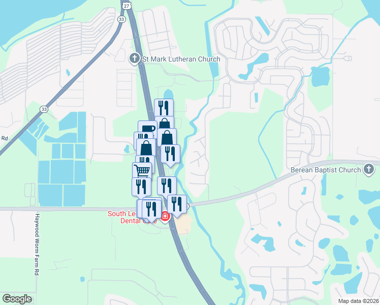 map of restaurants, bars, coffee shops, grocery stores, and more near 108 Papaya Cove in Leesburg