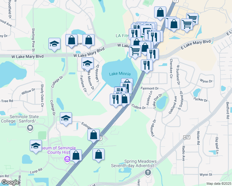 map of restaurants, bars, coffee shops, grocery stores, and more near 1302 Northlake Drive in Sanford